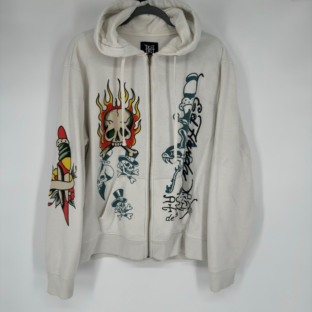 VTG Ed Hardy Christian Audigier Zip Up Hoodie Cream Flaming Skull Graphic Mens L
